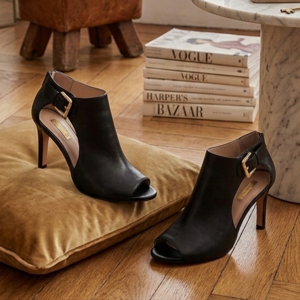 Louise et Cie Black Cutout Peep-toe Heels with Gold Buckle, EU 39/US 9